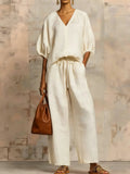 Womens Loose Solid-Colored V-Neck Half-Sleeve Top And Wide-Leg Pants Set